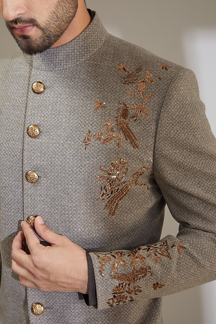 Grey Viscose Wool Hand Embroidered Wedding Indowestern Set by AMIT ARORA at Pernia's Pop Up Shop