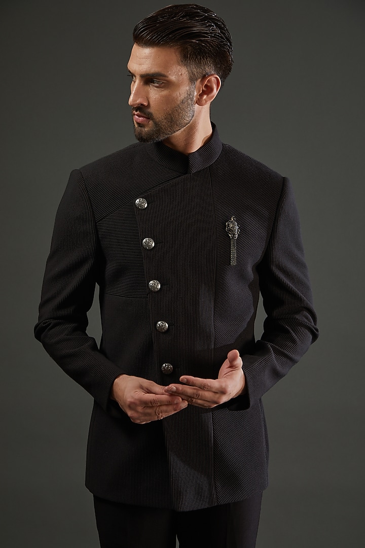Black Knit Cord Angrakha Wedding Bandhgala Set by AMIT ARORA at Pernia's Pop Up Shop