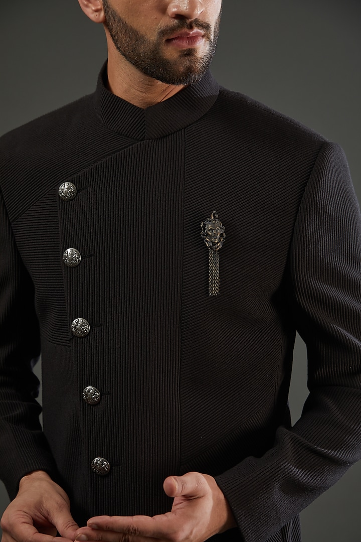 Black Knit Cord Angrakha Wedding Bandhgala Set by AMIT ARORA at Pernia's Pop Up Shop