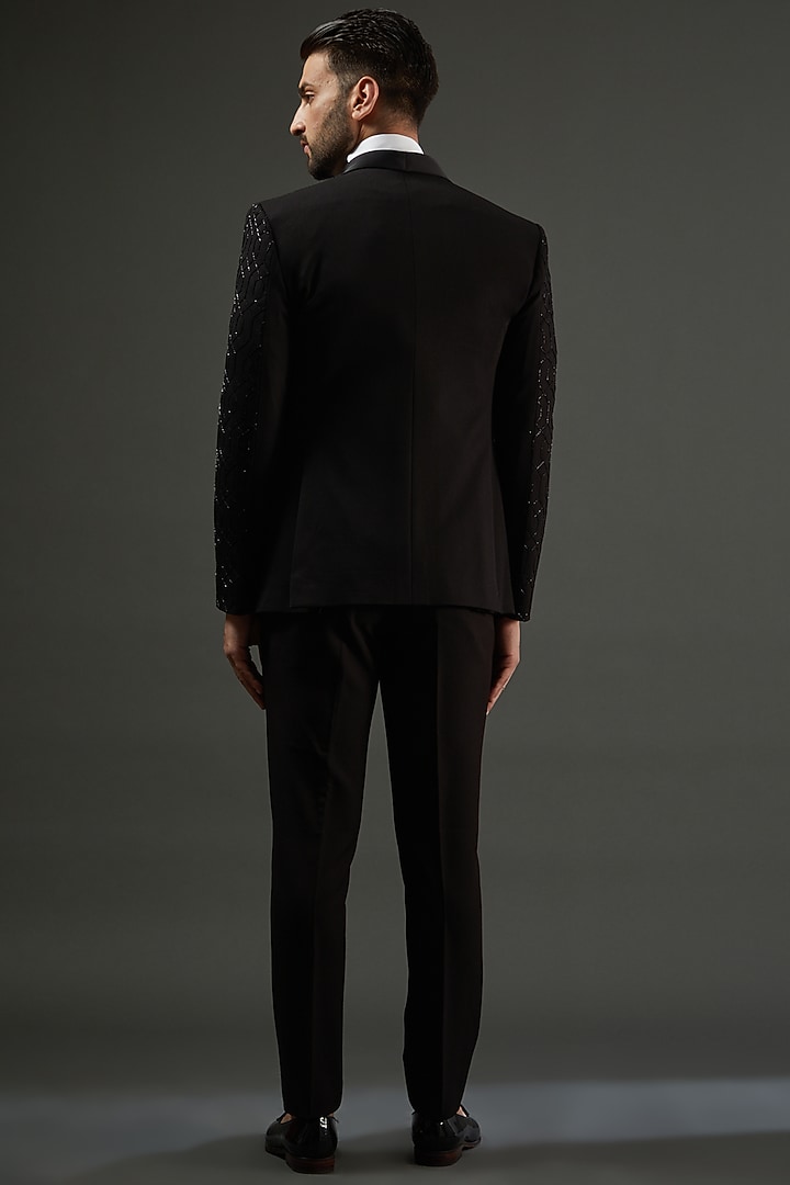 Black Knit Cutdana Hand Embroidered Tuxedo Set by AMIT ARORA at Pernia's Pop Up Shop