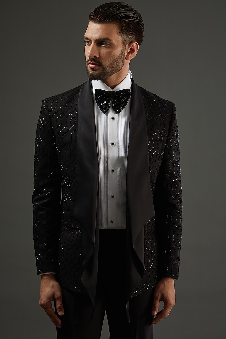 Black Knit Cutdana Hand Embroidered Tuxedo Set by AMIT ARORA at Pernia's Pop Up Shop