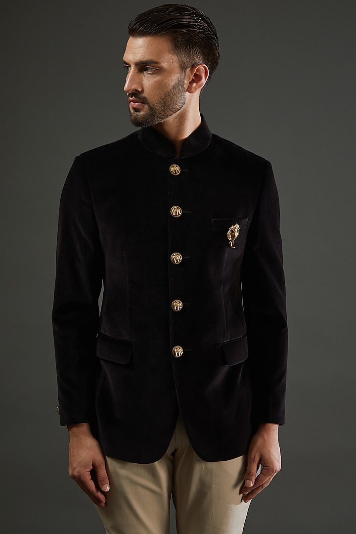 Black Cotton Velvet Wedding Bandhgala Set by AMIT ARORA at Pernia's Pop Up Shop