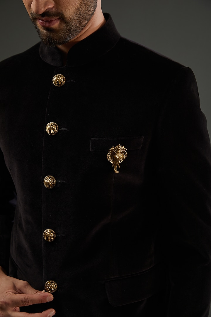 Black Cotton Velvet Wedding Bandhgala Set by AMIT ARORA at Pernia's Pop Up Shop