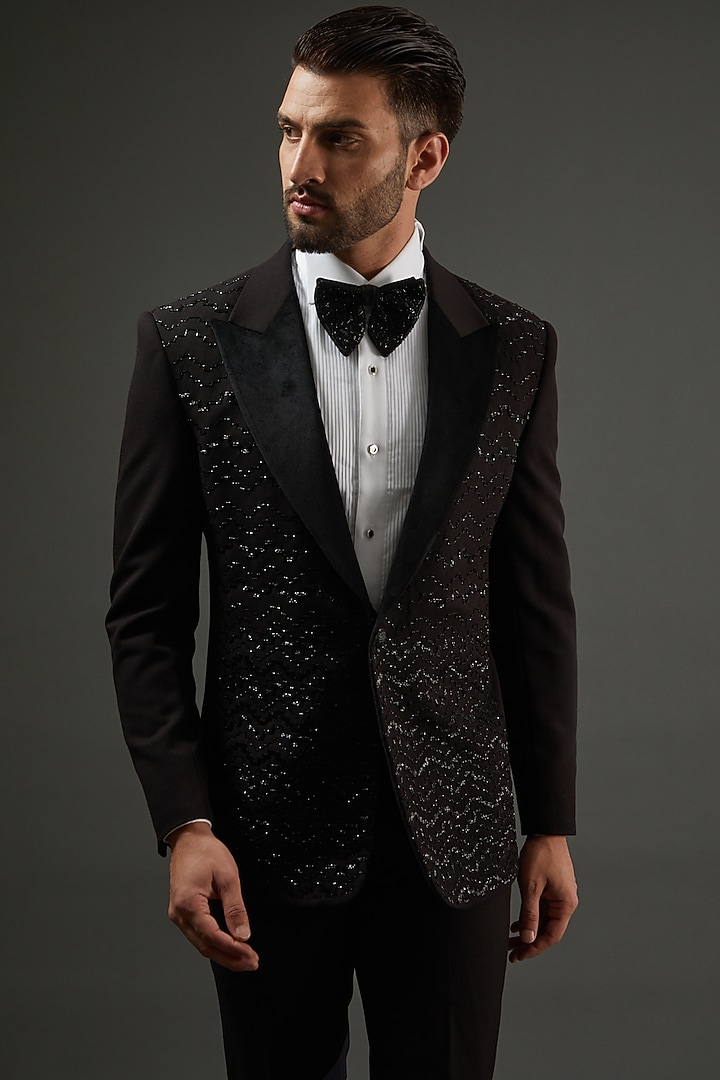 Black Knit Cutdana Hand Embroidered Tuxedo Set by AMIT ARORA at Pernia's Pop Up Shop