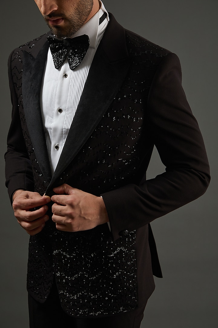 Black Knit Cutdana Hand Embroidered Tuxedo Set by AMIT ARORA at Pernia's Pop Up Shop