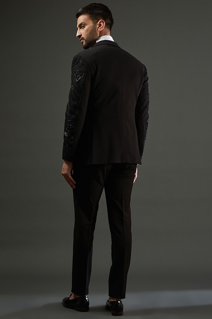 Black Knit Swarovski Embroidered Tuxedo Set by AMIT ARORA at Pernia's Pop Up Shop