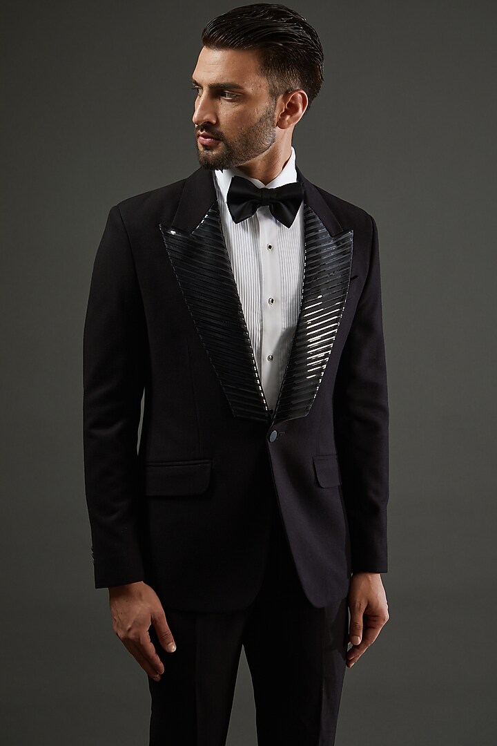Black Knit Embellished Tuxedo Set by AMIT ARORA at Pernia's Pop Up Shop