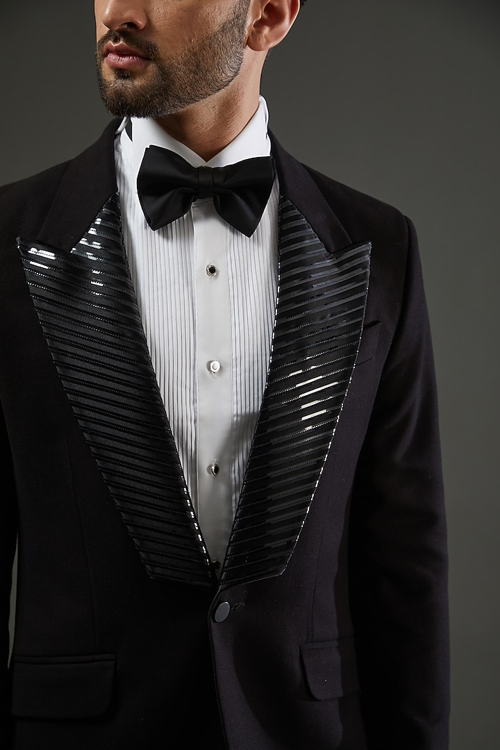 Black Knit Embellished Tuxedo Set by AMIT ARORA at Pernia's Pop Up Shop