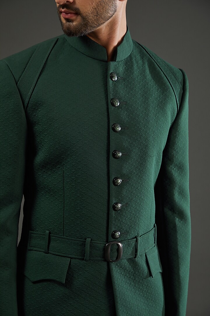 Bottle Green Jacquard Wedding Bandhgala Set by AMIT ARORA at Pernia's Pop Up Shop
