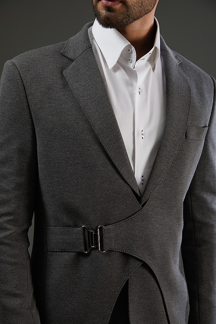 Grey Knit Metal Embellished A-Line Blazer Set by AMIT ARORA at Pernia's Pop Up Shop