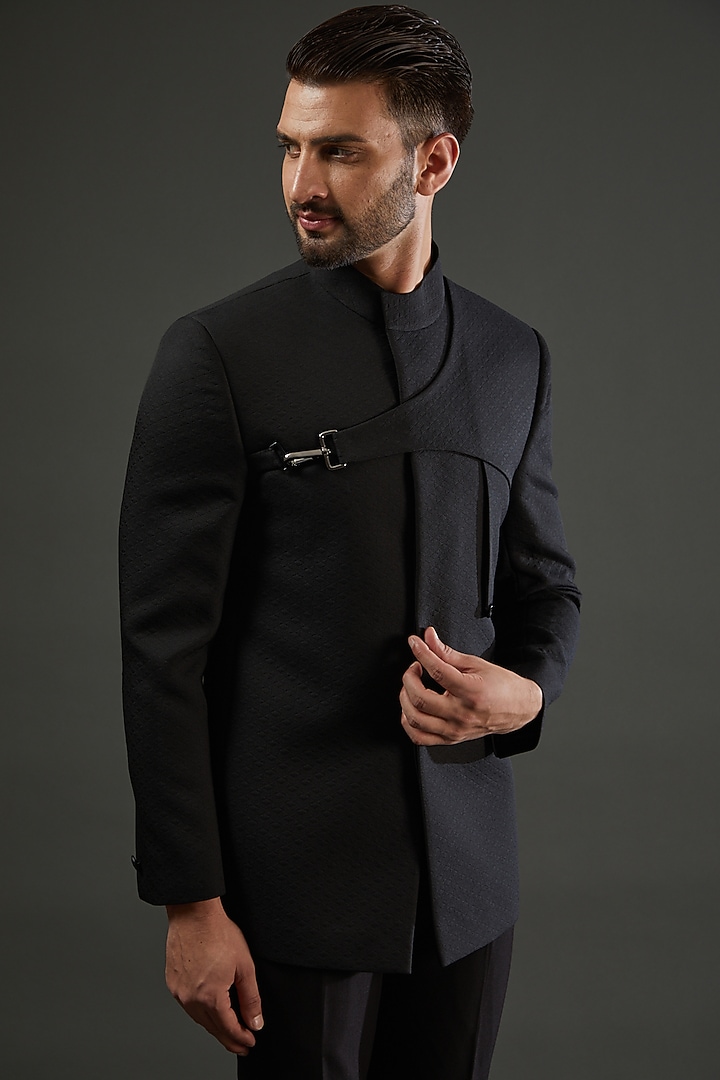 Black Jacquard Embellished Wedding Bandhgala Set by AMIT ARORA at Pernia's Pop Up Shop