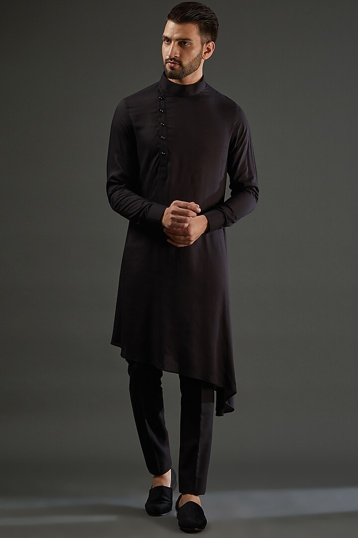 Navy Blue Viscose Wool Dabka Hand Embroidered Angrakha Wedding Bandhgala Set by AMIT ARORA at Pernia's Pop Up Shop