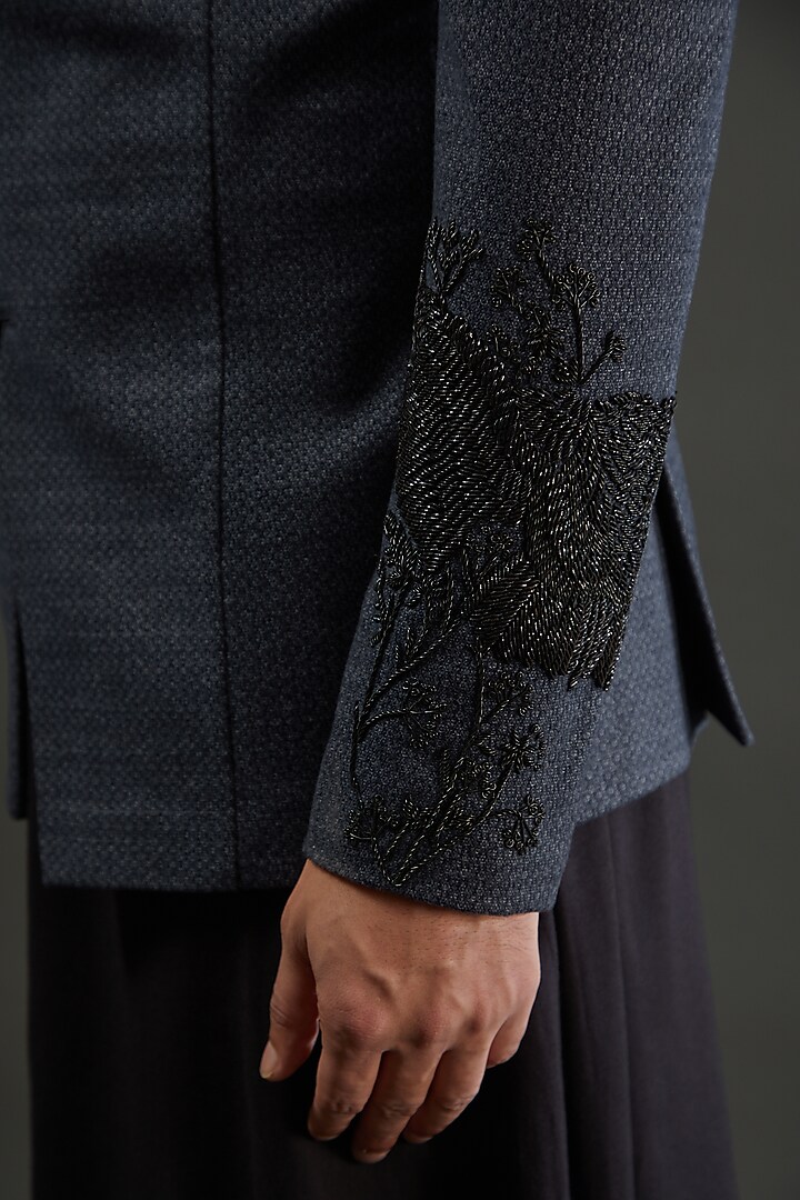 Navy Blue Viscose Wool Dabka Hand Embroidered Angrakha Wedding Bandhgala Set by AMIT ARORA at Pernia's Pop Up Shop