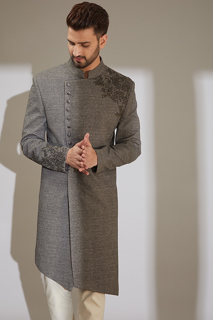 Grey Viscose Wool Embellished Angrakha Wedding Indowestern Set by AMIT ARORA at Pernia's Pop Up Shop