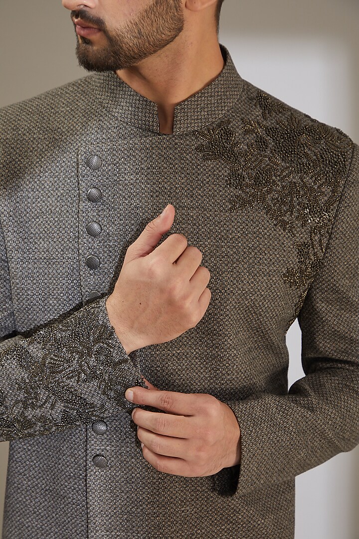 Grey Viscose Wool Embellished Angrakha Wedding Indowestern Set by AMIT ARORA at Pernia's Pop Up Shop