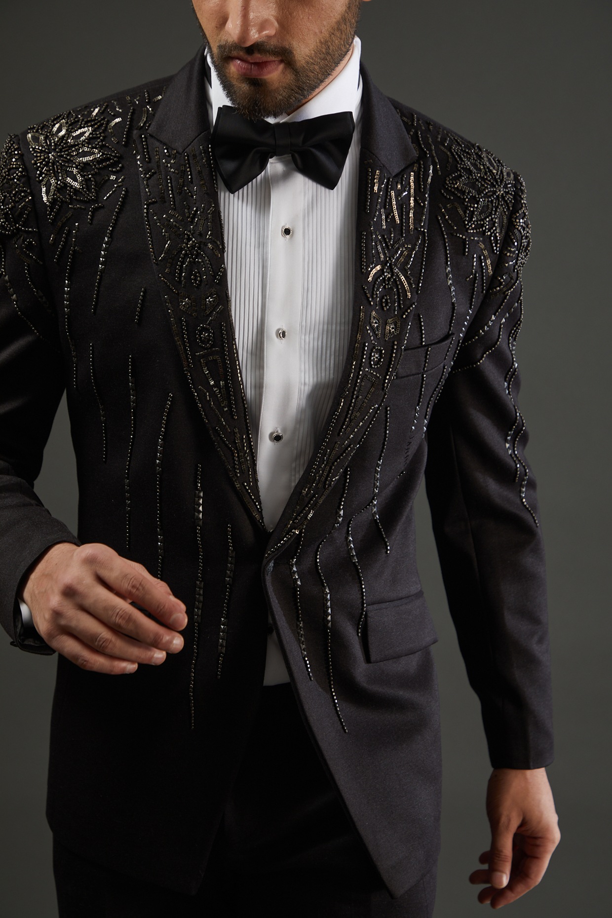 Dark Grey Embellished Tuxedo Set Design by AMIT ARORA at Pernia s