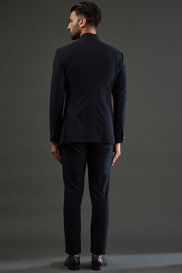 Navy Blue Knit Cutdana Hand Embroidiered Wedding Bandhgala Set by AMIT ARORA at Pernia's Pop Up Shop