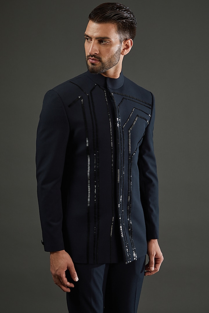 Navy Blue Knit Cutdana Hand Embroidiered Wedding Bandhgala Set by AMIT ARORA at Pernia's Pop Up Shop