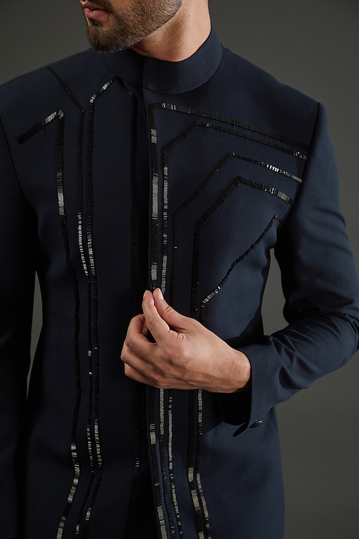 Navy Blue Knit Cutdana Hand Embroidiered Wedding Bandhgala Set by AMIT ARORA at Pernia's Pop Up Shop