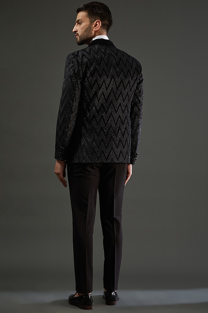 Black Cotton Velvet Cutdana Hand Embroidered Tuxedo Set by AMIT ARORA at Pernia's Pop Up Shop