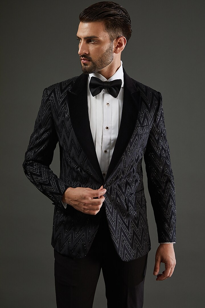 Black Cotton Velvet Cutdana Hand Embroidered Tuxedo Set by AMIT ARORA at Pernia's Pop Up Shop