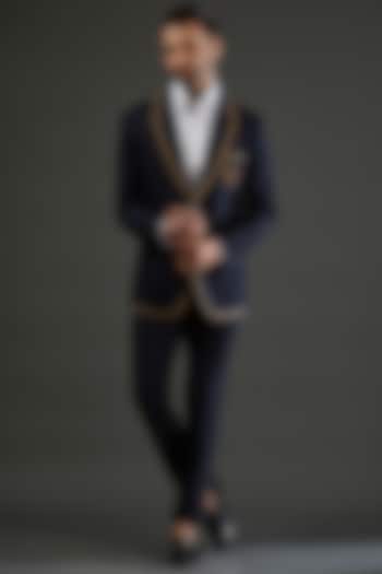 Navy Blue Denim Knit Hand Embroidered Blazer Set by AMIT ARORA at Pernia's Pop Up Shop