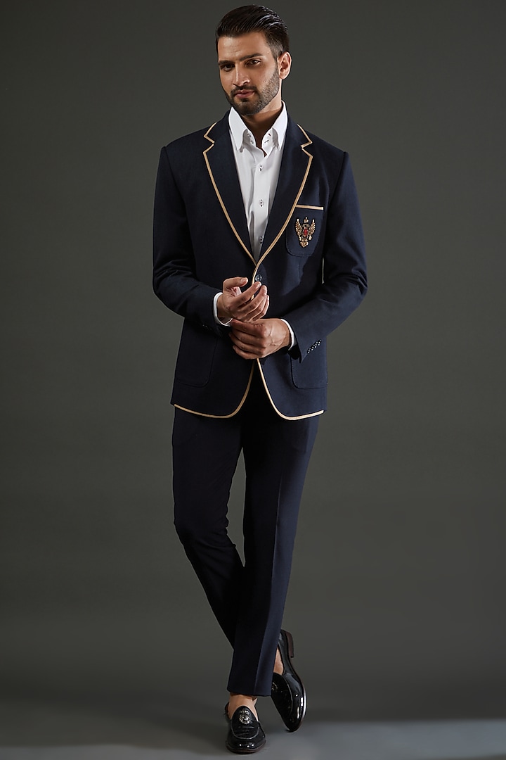 Navy Blue Denim Knit Hand Embroidered Blazer Set by AMIT ARORA at Pernia's Pop Up Shop