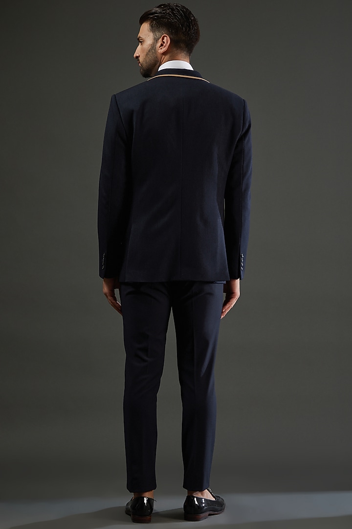 Navy Blue Denim Knit Hand Embroidered Blazer Set by AMIT ARORA at Pernia's Pop Up Shop