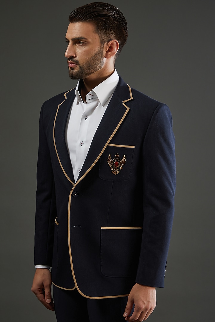 Navy Blue Denim Knit Hand Embroidered Blazer Set by AMIT ARORA at Pernia's Pop Up Shop