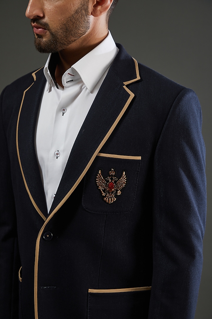 Navy Blue Denim Knit Hand Embroidered Blazer Set by AMIT ARORA at Pernia's Pop Up Shop