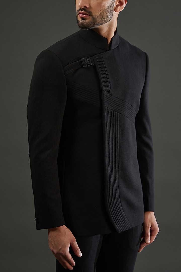 Black Knit Quilted Blazer Set by AMIT ARORA at Pernia's Pop Up Shop