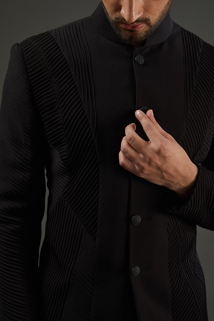Black Knit Wedding Bandhgala Set by AMIT ARORA at Pernia's Pop Up Shop