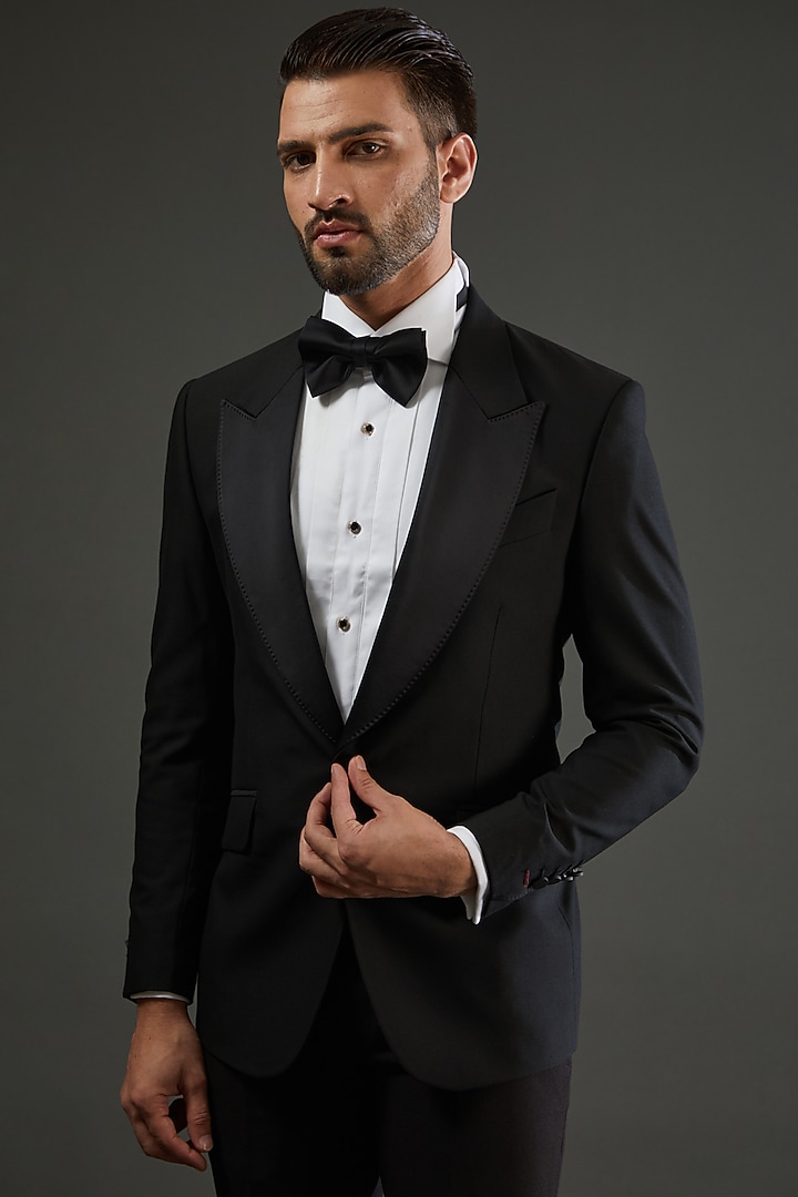 Black Poly Wool Tuxedo Set by AMIT ARORA at Pernia's Pop Up Shop