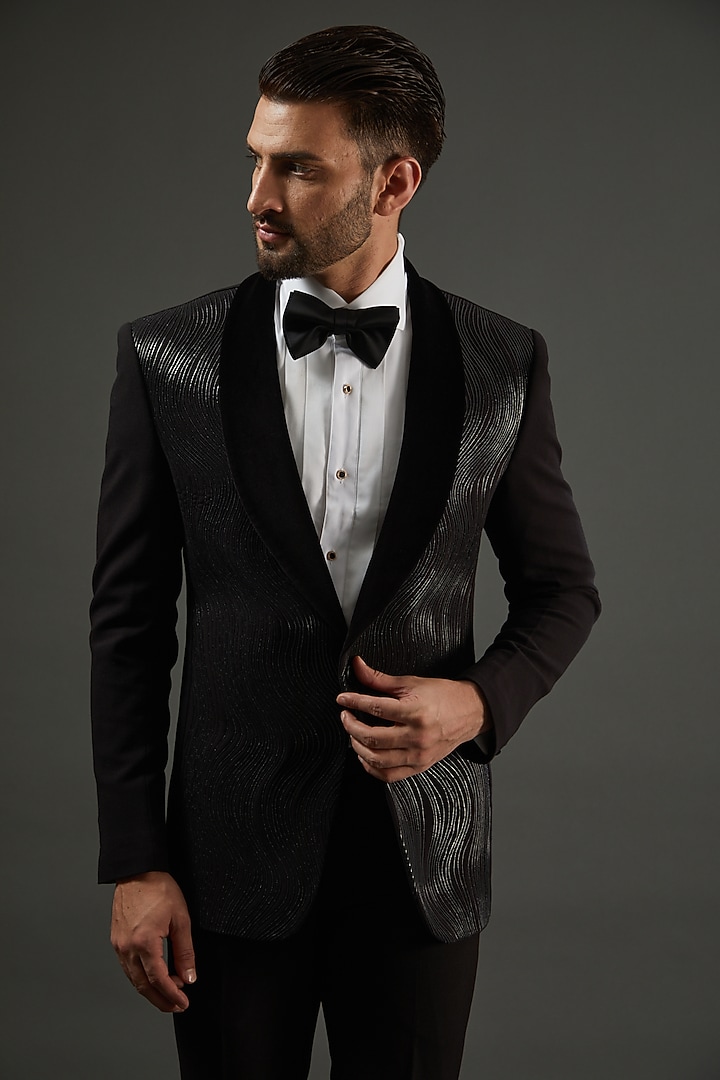 Black Knit Tuxedo Set by AMIT ARORA at Pernia's Pop Up Shop