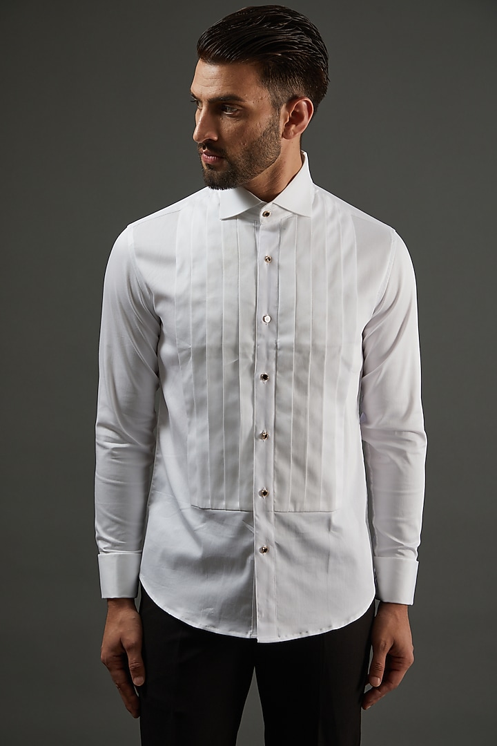 White Cotton Pleated Party Wear Shirt by AMIT ARORA at Pernia's Pop Up Shop