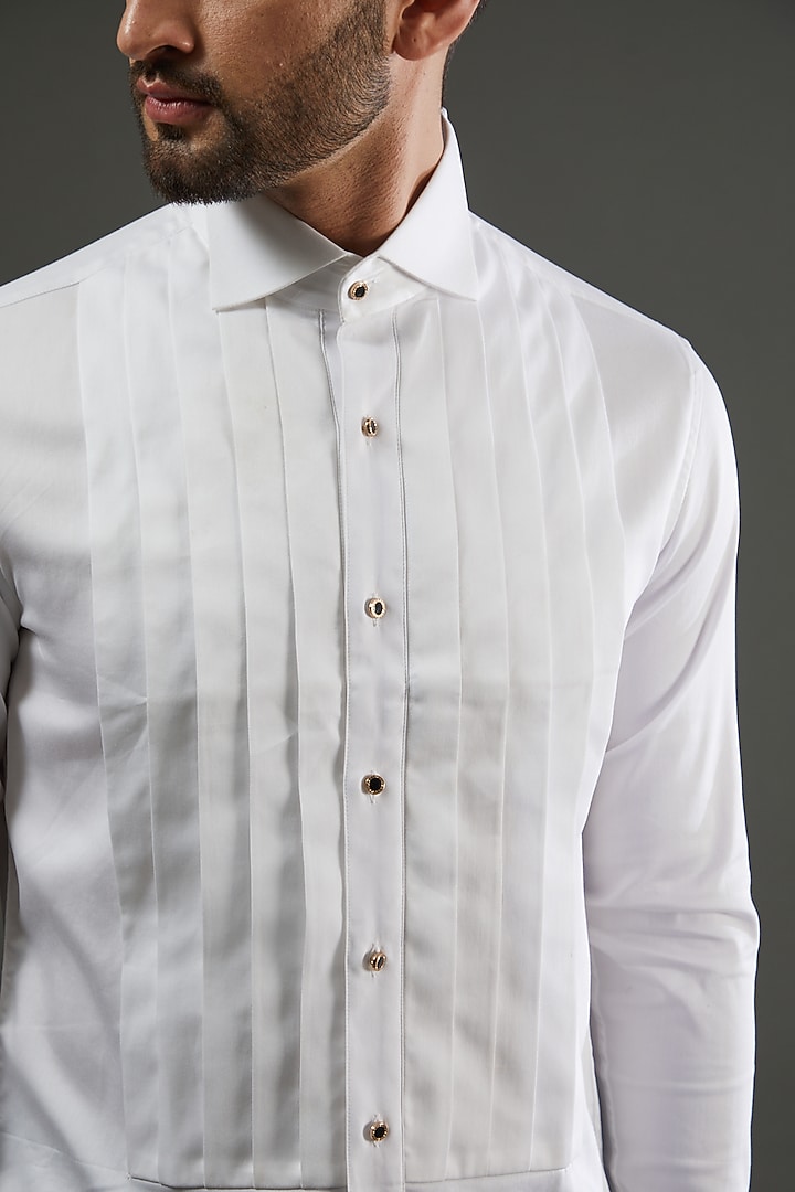 White Cotton Pleated Party Wear Shirt by AMIT ARORA at Pernia's Pop Up Shop