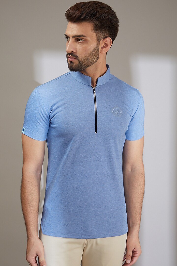 Blue Knit T-Shirt by AMIT ARORA at Pernia's Pop Up Shop