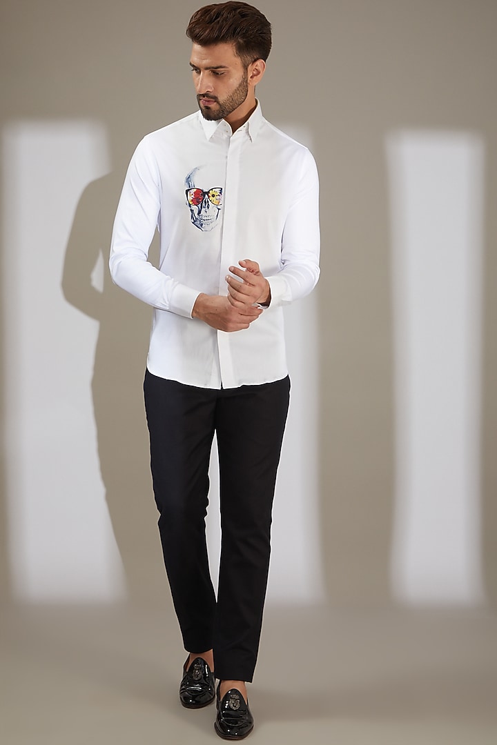 White Skull Motif Printed Party Wear Shirt by AMIT ARORA at Pernia's Pop Up Shop