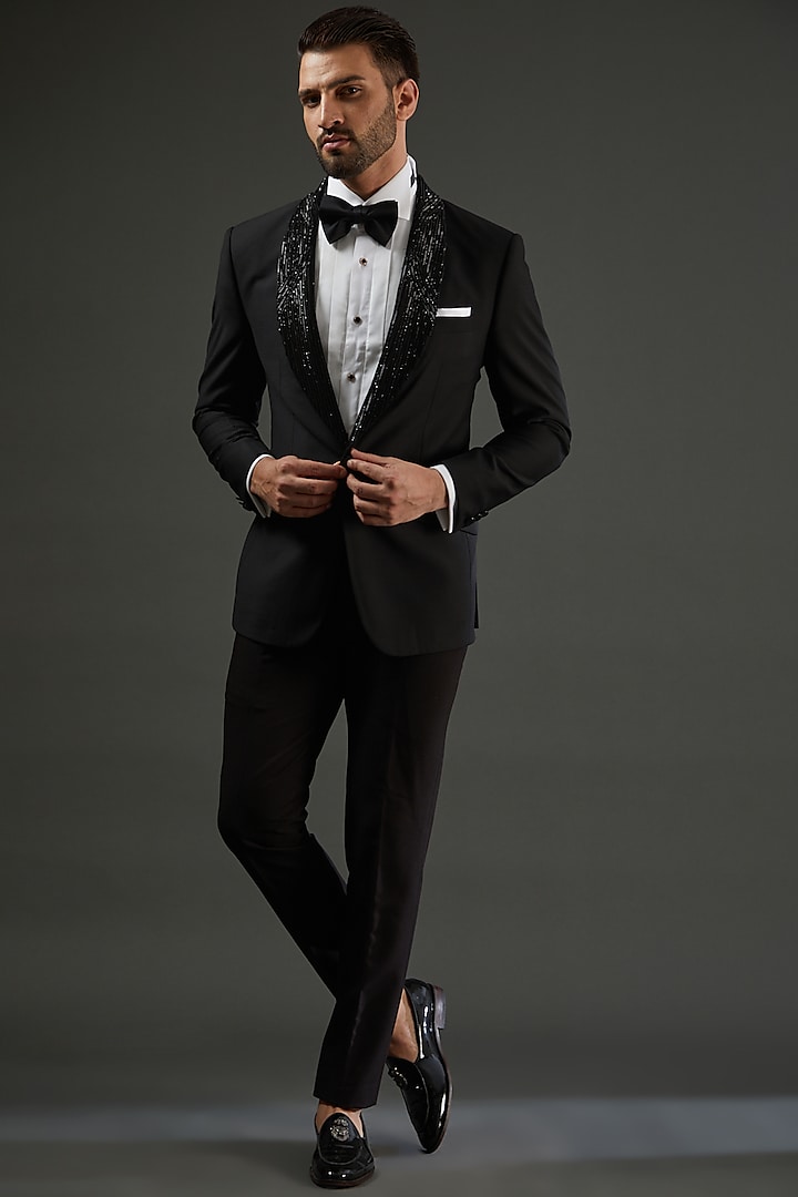 Black Poly Wool Embroidered Tuxedo Set by AMIT ARORA