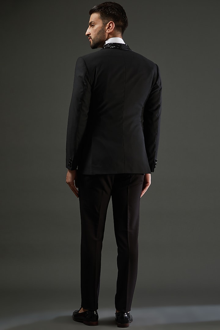 Black Poly Wool Embroidered Tuxedo Set by AMIT ARORA at Pernia's Pop Up Shop