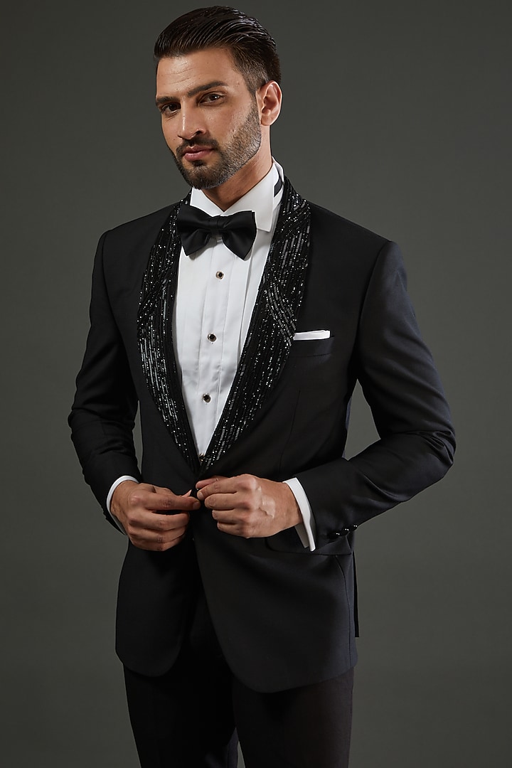 Black Poly Wool Embroidered Tuxedo Set by AMIT ARORA at Pernia's Pop Up Shop