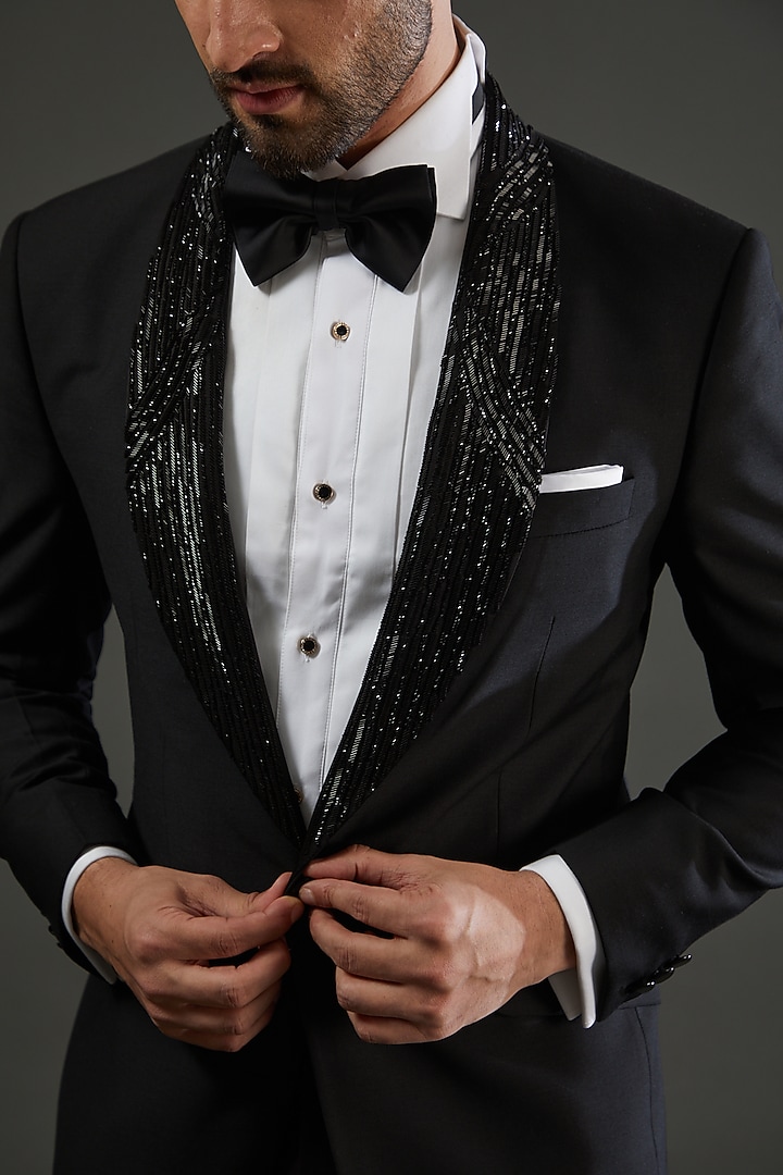 Black Poly Wool Embroidered Tuxedo Set by AMIT ARORA at Pernia's Pop Up Shop