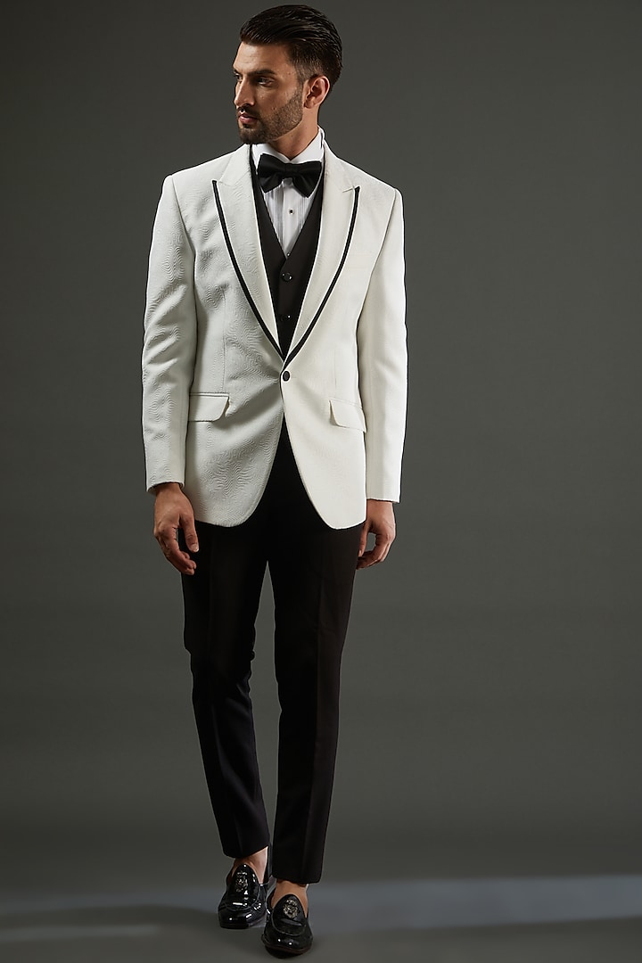 White Jacquard Tuxedo Set by AMIT ARORA