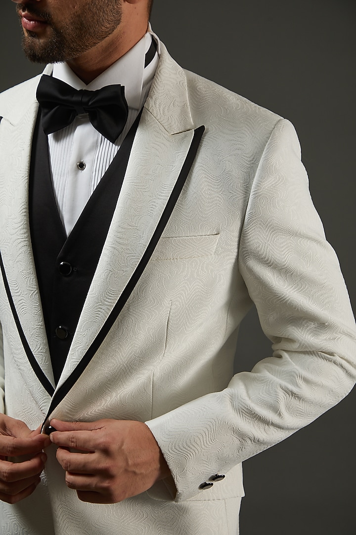 White Jacquard Tuxedo Set by AMIT ARORA at Pernia's Pop Up Shop