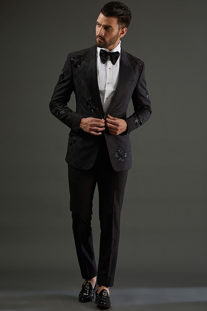 Black Poly Embroidered Tuxedo Set by AMIT ARORA