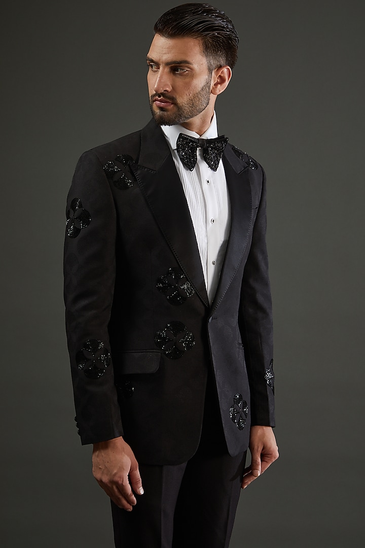 Black Poly Embroidered Tuxedo Set by AMIT ARORA at Pernia's Pop Up Shop