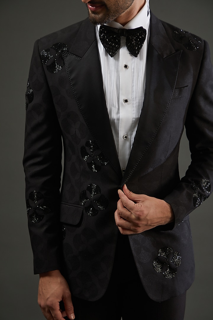 Black Poly Embroidered Tuxedo Set by AMIT ARORA at Pernia's Pop Up Shop