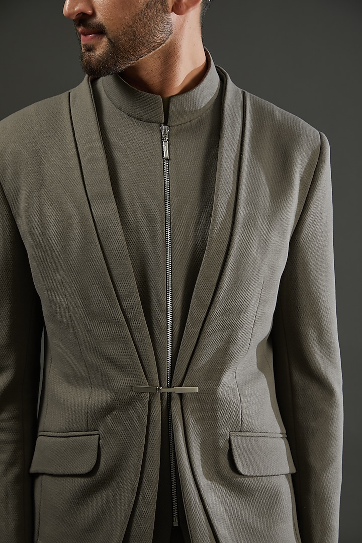 Khaki Knit Blazer Set by AMIT ARORA at Pernia's Pop Up Shop