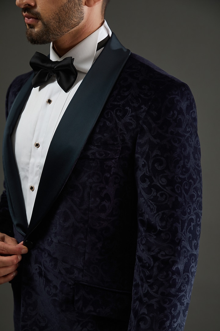 Navy Blue Cotton Velvet Tuxedo Set by AMIT ARORA at Pernia's Pop Up Shop