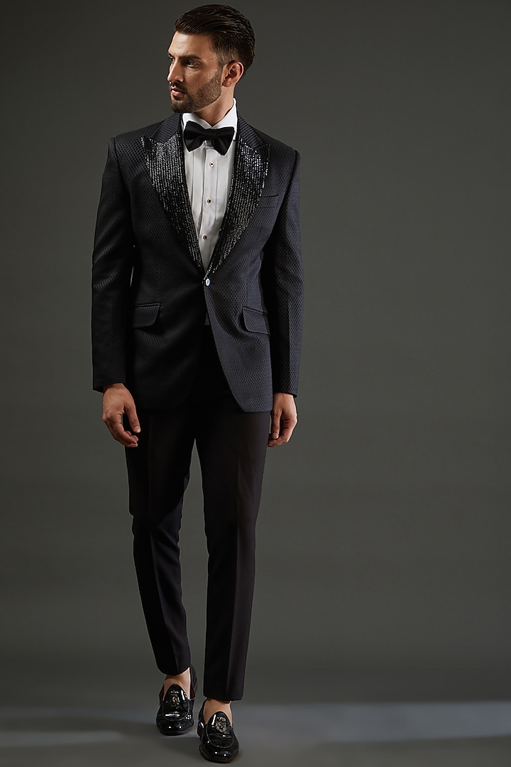 Black Embroidered Tuxedo Set by AMIT ARORA